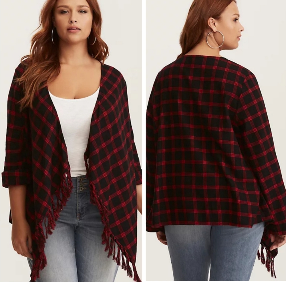 Torrid Size 4 Plaid Challis Shirt Jacket Red Black Fringe